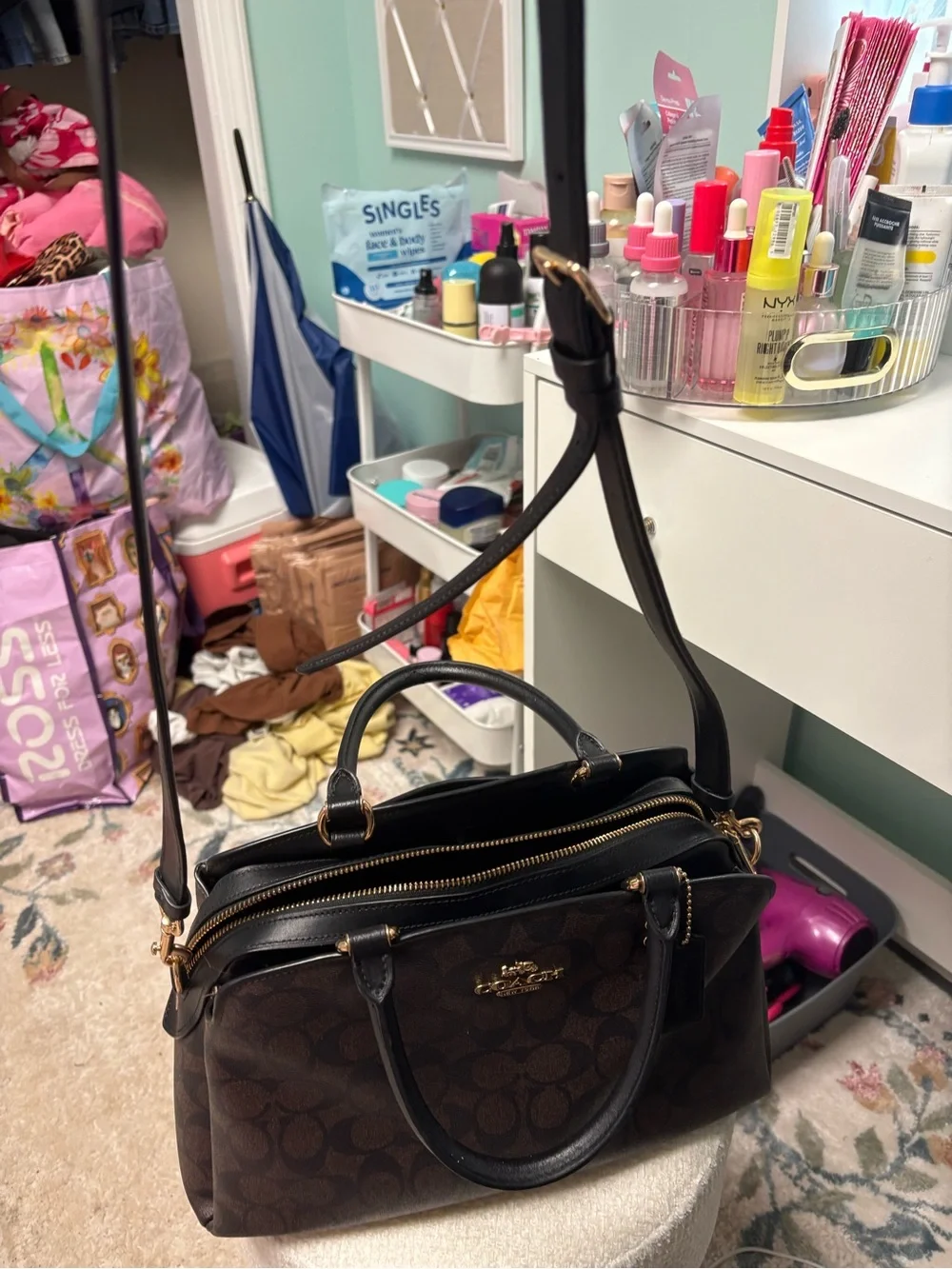 Coach Brown Signature Dome Satchel with Black Handles and Gold Hardware